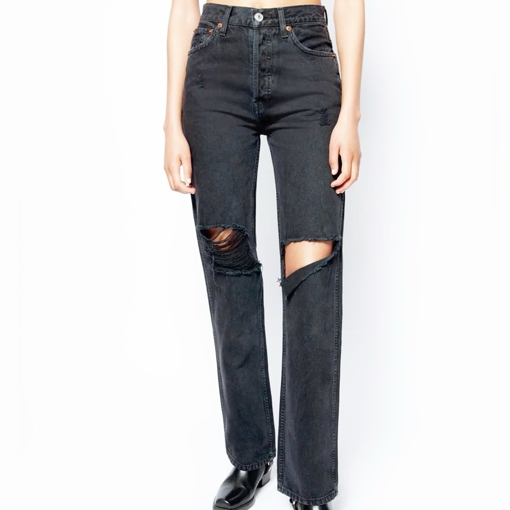 Re/Done Denim High Rise Look Distressed Straight Leg Jeans Washed Black w Rips